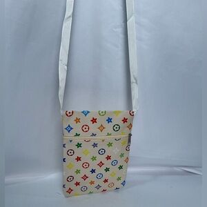 Multicolor Designer Murakami Zipper Side  Crossbody Bag w/Ribbon Strap Cream